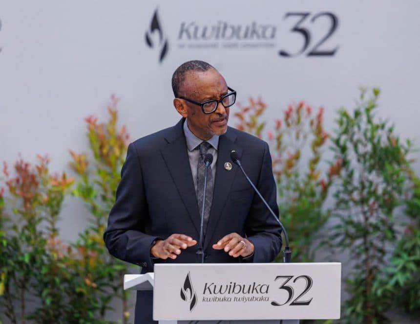 President Paul Kagame speaking from a lectern at the Kwibuka 32 commemoration