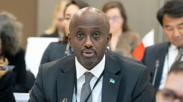 Olivier Nduhungirehe, Rwandan Minister of Foreign Affairs, speaking at an international meeting